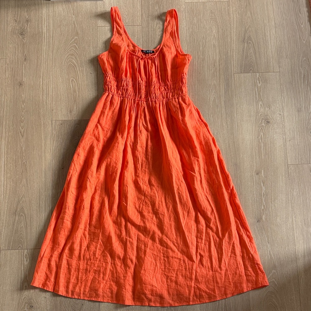 J.Crew  Smocked Midi 100% Linen Dress in Tangerine Orange sz. M - Picture 4 of 8